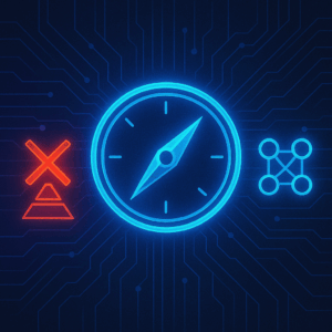 A digital compass over a glowing schematic showing PODs instead of downlines. A red X over pyramids or binary legs.