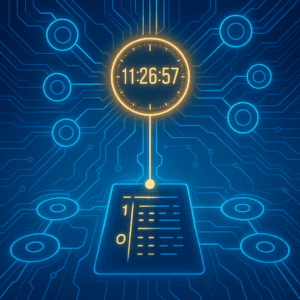 A stylized digital timestamp punching into a glowing ledger. Time flows through POD circles.