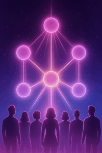 Silhouettes of diverse everyday people standing below glowing orbs connected by radiant streams of light.