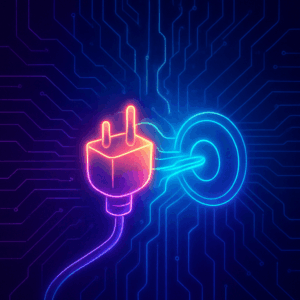 A simple glowing jack plugging into a neon socket. The light spreads outward through a visible network.