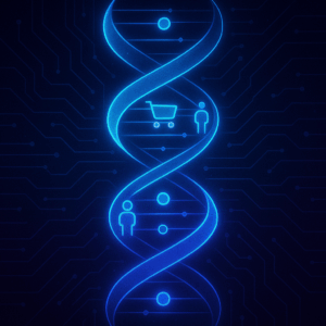 A double helix formed from shopping carts, people, and digital nodes.