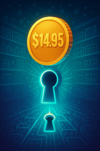 A $14.95 token (or coin) drops into a glowing lock, revealing digital shelves of opportunity.