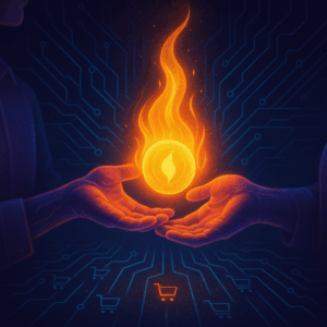 One person handing a glowing flame (or POD orb) to another.