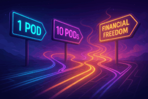 A branching futuristic road with glowing signs: “1 POD,” “10 PODs,” “Financial Freedom.”