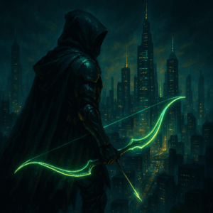 A futuristic figure in a hooded cloak (cyber-armor style) gazes out over a dystopian cityscape filled with glimmering skyscrapers representing corporate control.