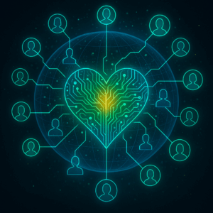 A glowing heart-like shape made of circuitry and digital vines, pulsing at the center of a transparent globe. 