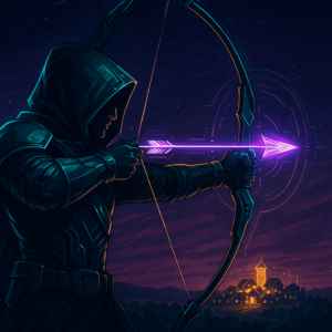  A close-up of a cyber-bow drawn with a radiant digital arrow pointing toward a glowing village in the distance (representing a prosperous future). HUD-like targeting elements overlay the scene.