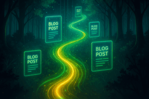 A glowing trail winding through a digital forest (subtle nod to Sherwood), with floating “blog post” nodes on either side, lighting up the way forward.