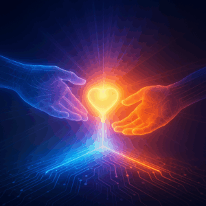 Two hands exchanging light across a glowing digital bridge as metaphor for consciousness in business
