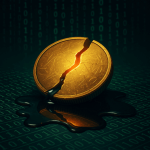 Broken golden coin leaking dark fluid on binary code, symbolizing harm of profit-only business models
