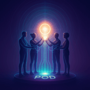 Connected group holding glowing orb on platform labeled POD, representing shift to purpose-driven business

