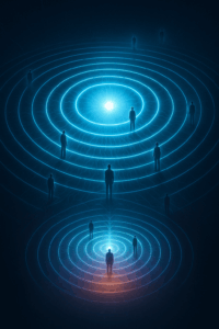Concentric rings expanding outward with glowing participants, illustrating the early mover advantage in timestamp-based POD system