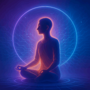 Peaceful entrepreneur meditating in digital pod with radiating energy lines representing business alignment