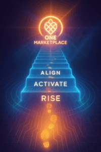 Digital light staircase labeled Align, Activate, Rise ascending toward glowing One Marketplace symbol