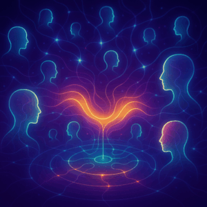 Digital morphic field connecting glowing avatars representing conscious entrepreneurs building One Marketplace movement
