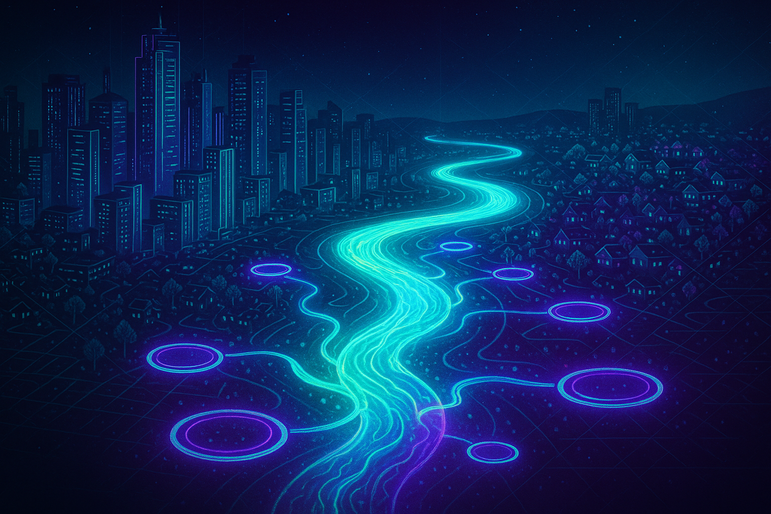 Digital river of light branching into POD circles, symbolizing shared prosperity in One Marketplace.