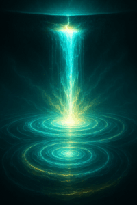 Waterfall of light breaking through a dam, nourishing concentric glowing pools.