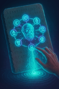 Ancient tablet with glowing holographic runes connecting ancient wisdom to digital future.