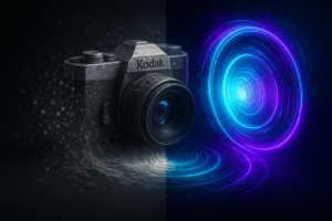 Kodak camera dissolving into pixels beside a glowing holographic lens of opportunity.