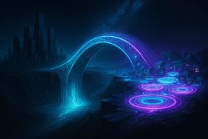 Futuristic glowing bridge connecting old economy towers with radiant POD communities.