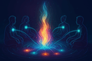 Digital campfire connecting glowing figures through shared streams of energy.