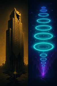 Golden skyscraper crumbling while glowing POD rings rise above.