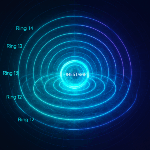  Concentric glowing POD rings expanding outward, powered by central timestamp orb.