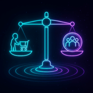 Digital neon scale balancing individual shopper with community circle.