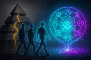 Three figures leaving a broken MLM pyramid, walking toward glowing POD of prosperity.