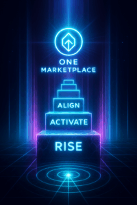 Futuristic digital staircase labeled Align, Activate, Rise leading to glowing One Marketplace symbol.