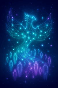 Constellation of human figures forming a phoenix, symbolizing One Marketplace as a movement.