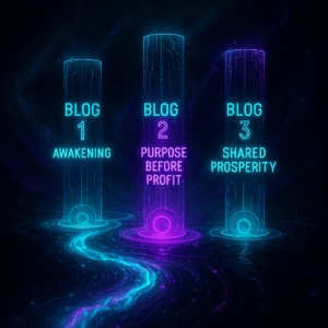 Glowing timeline of blog series with neon pillars for Blogs 1–3.