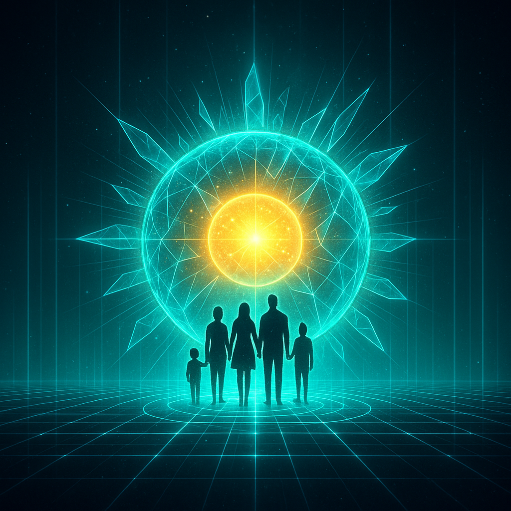 Glowing sphere radiating light over people within a digital grid, symbolizing trust in the digital age.