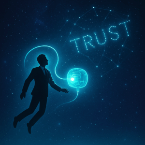  Silhouette in space tethered to glowing digital oxygen mask, symbolizing trust as life force of business.