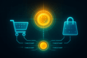 Glowing Smart Shopper icons linked by timestamp lines to radiant coin, symbolizing fair commerce.