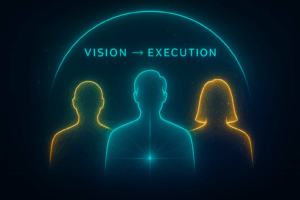 Holographic silhouettes of visionary leaders under neon arch labeled Vision → Execution.