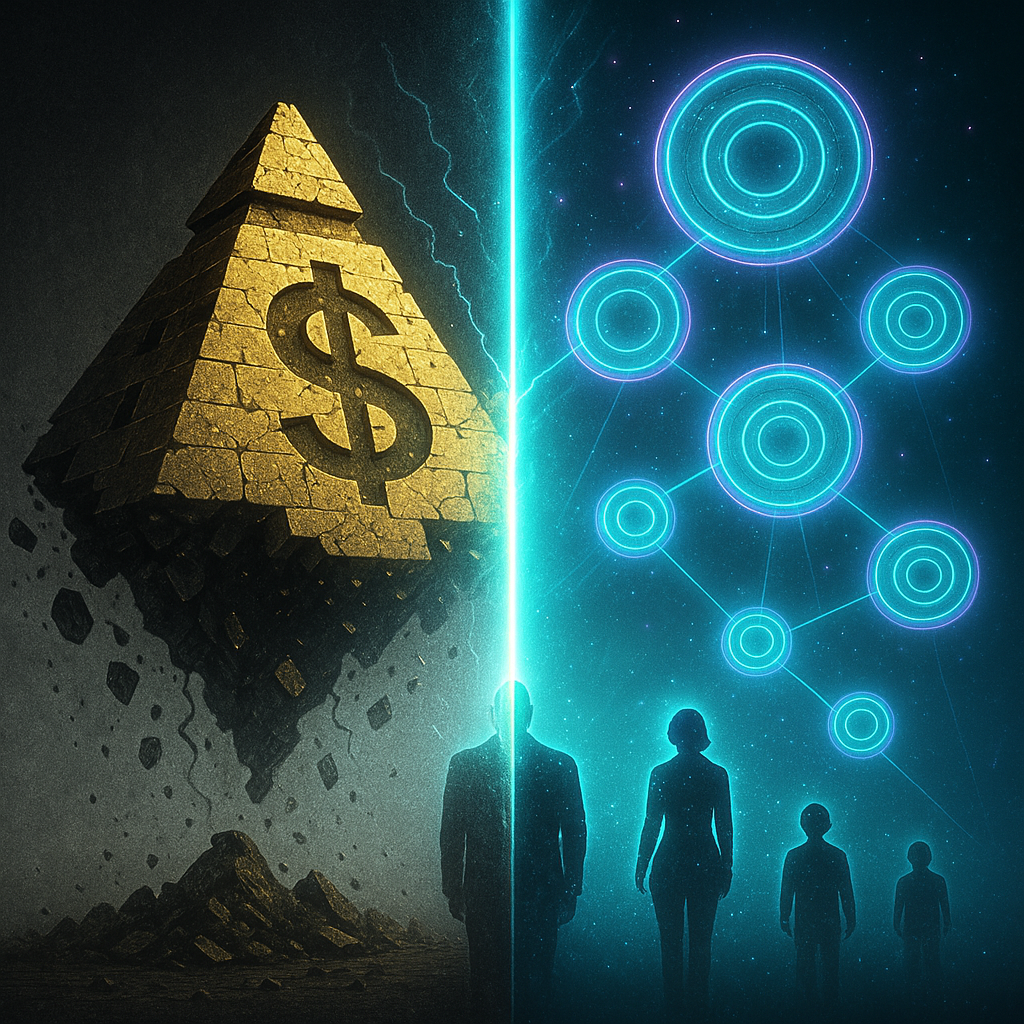 Crumbling golden pyramid contrasted with glowing POD circles of prosperity.