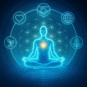 A meditating figure made of light, sitting in the center of a luminous digital vortex. Icons of service (heart, handshake, globe, seedling) orbit their field, connected by lines of light.
