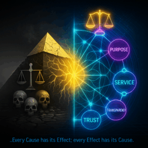 A cracked golden pyramid built on extraction (skulls, oil, dollar signs) giving way to a circular network of glowing interconnected nodes labeled “Service,” “Trust,” “Purpose,” “Transparency.”
