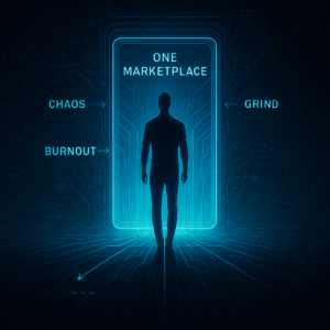 A figure standing at the threshold of a glowing cyber gateway, with lines of light pointing to different options (chaos, grind, burnout), but a radiant beam points forward to “One Marketplace.”