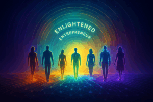 A group of figures standing on light bridges, each figure glowing in a different color, all converging toward a radiant horizon labeled “Enlightened Entrepreneur.”