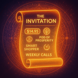 A ceremonial scroll unfurling digitally, inviting the viewer to step into the circle. The scroll is embedded with light glyphs: $14.95, POD of Prosperity, Smart Shopper, Weekly Calls.