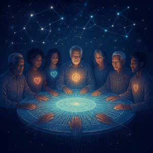 A shimmering table of light in space, people seated around it from diverse backgrounds, all co-creating together. Behind them: stars forming constellations of commerce, connection, community.