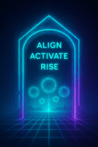 Neon gateway labeled Align → Activate → Rise leading to glowing POD communities.