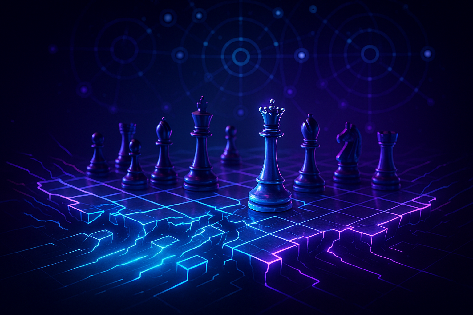 Futuristic digital chessboard breaking apart, glowing neon lines replacing traditional squares, symbolizing disruption of old network marketing hierarchies; holographic network nodes forming circles in the background,