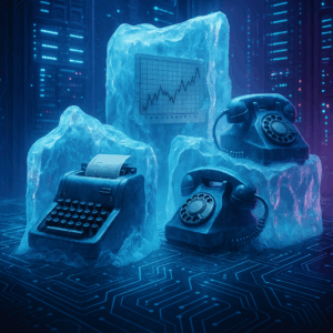 Vintage office machinery encased in ice inside a futuristic data center; 1950s calculators, rotary phones, and paper charts frozen in glowing crystal blue ice; digital circuitry running beneath the surface hinting at the transition to AI