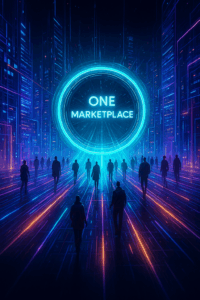 Massive glowing shopping portal suspended in a holographic city skyline; thousands of light trails converging toward a central circular gateway labeled ‘One Marketplace