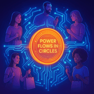 Radiant digital coin formed from streams of light passing between diverse shoppers connected by luminous circuitry; circular composition representing the POD model.