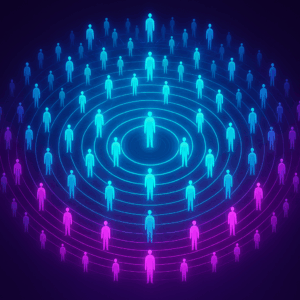 Glowing concentric rings expanding outward, each filled with holographic figures representing Smart Shoppers.