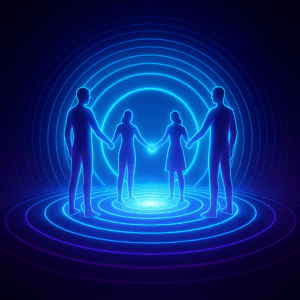 Four glowing human silhouettes linking hands in a circular beam of light, energy rippling outward into expanding digital rings; conveys unity, strength, and compounding value